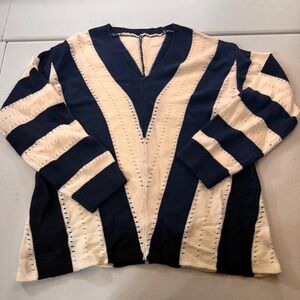 V Neck Striped Knit Sweater Cream Navy Blue M Eyelet coastal fisherman‎ nautical